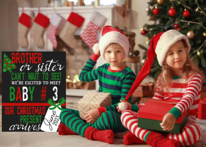 brother and sister wearing Santa hat and holding gift in front of Christmas tree next to Christmas pregnancy announcement for third baby with siblings