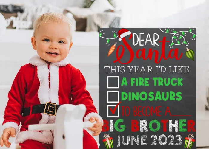 baby boy dressed in Santa suit on rocking horse next to Dear Santa pregnancy announcement for big brother