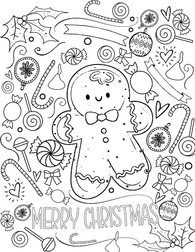 gingerbread man coloring page with doodles 