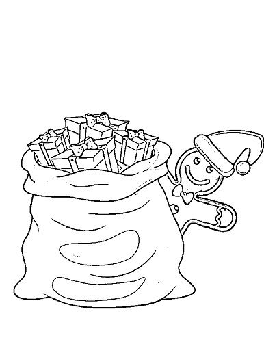 gingerbread man with bag of presents for Christmas coloring sheet