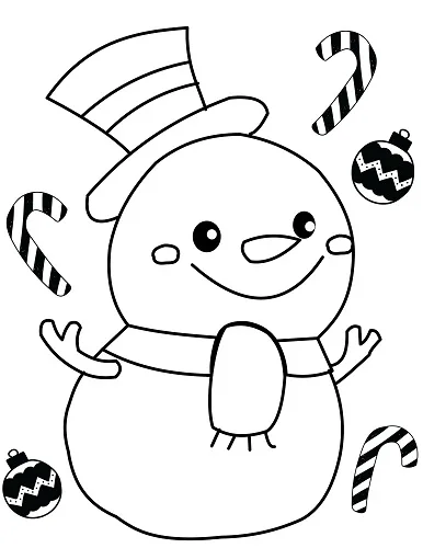 cute Christmas snowman coloring page with candy canes and ornaments