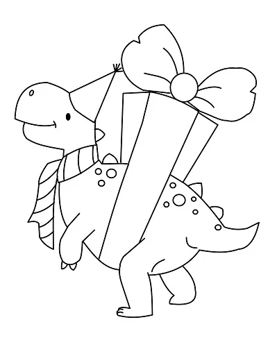 Cute Christmas dinosaur with present coloring page