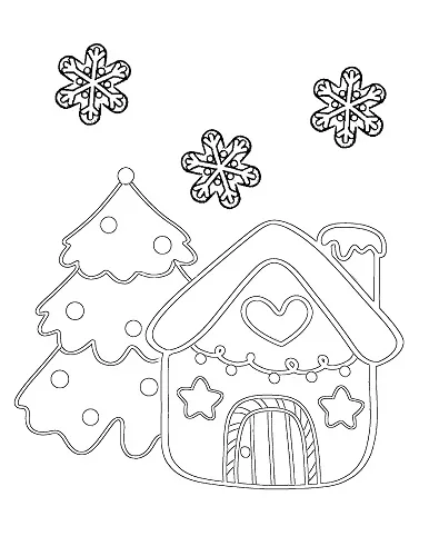 easy gingerbread house with Christmas tree coloring page