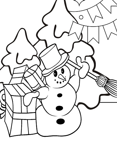 snowman with presents coloring page
