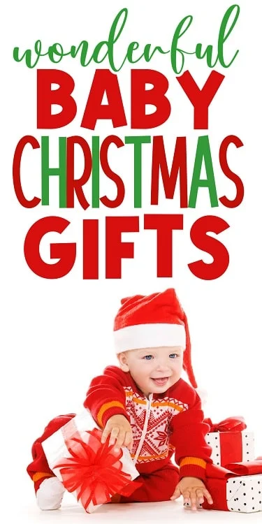 cute baby in santa hat and Christmas outfit playing with boxes of gifts and title baby wonderful baby christmas gifts
