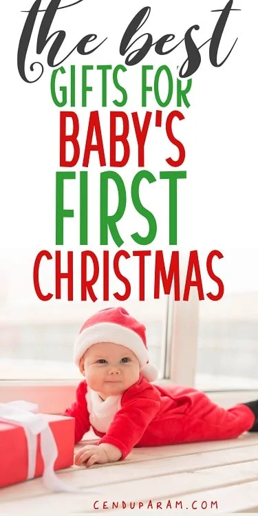 baby in Santa outfit lying on floor next to wrapped gift and title baby's the best gifts for baby's first Christmas
