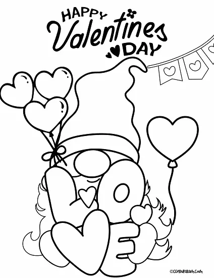 cute gnome holding LOVE coloring page