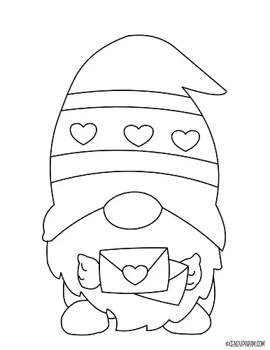 cute Valentines Gnome holding love letters coloring page