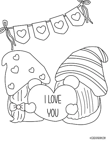 coloring page of gnome girl and gnome boy holding a heart with I love you on it