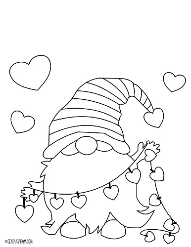 Valentine's Day Gnome with heart garland coloring page