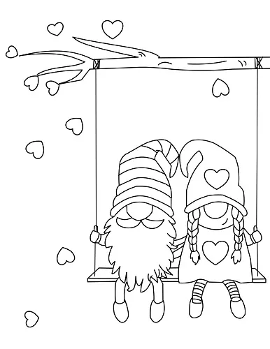garden gnome couple on a swing coloring page