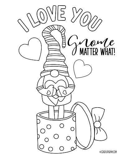 valentines gnome coloring picture with quote