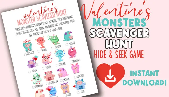 image of printable Valentines Monsters list for Scavenger hunt game 
