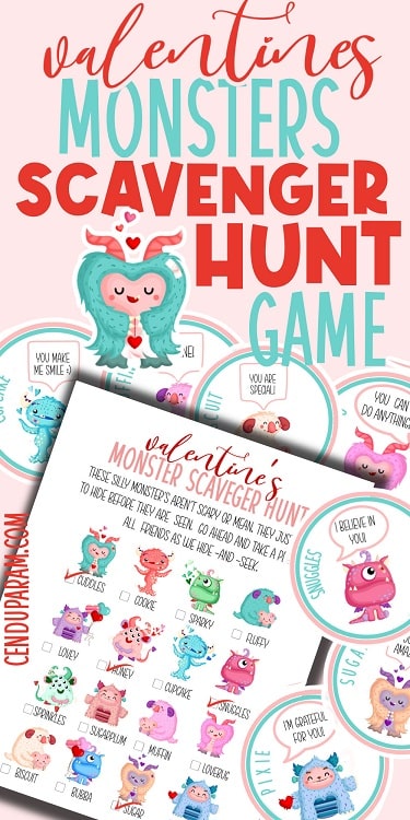 Easy Valentines Day scavenger hunt game for kids printable monster theme