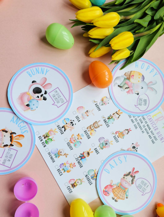 photo of Easter hide and seek scaveger hunt printables surrounded by Easter eggs and tulips