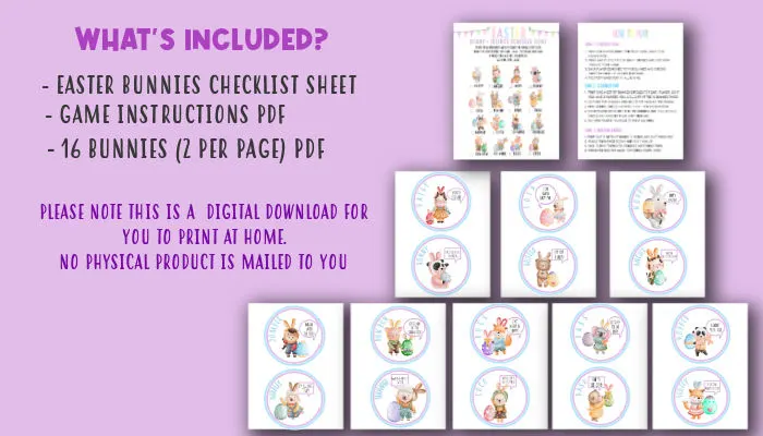 list of printable files included in Easter Scavenger Hunt game with picture cards to hide