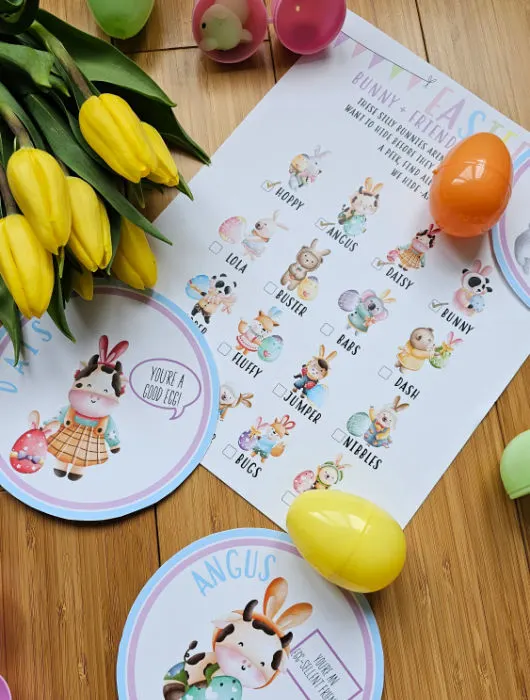 flat lay of preschool Easter Scavenger hunt prrintables and yellow tulips