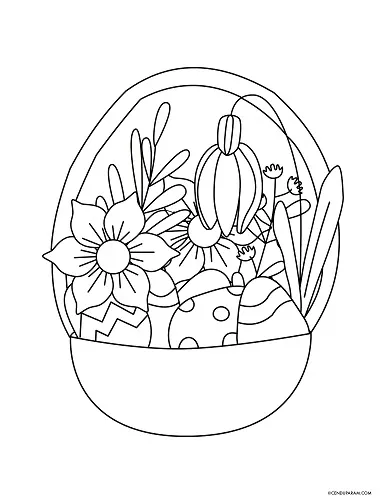 Easter basket filled with Easter eggs and florals coloring sheet