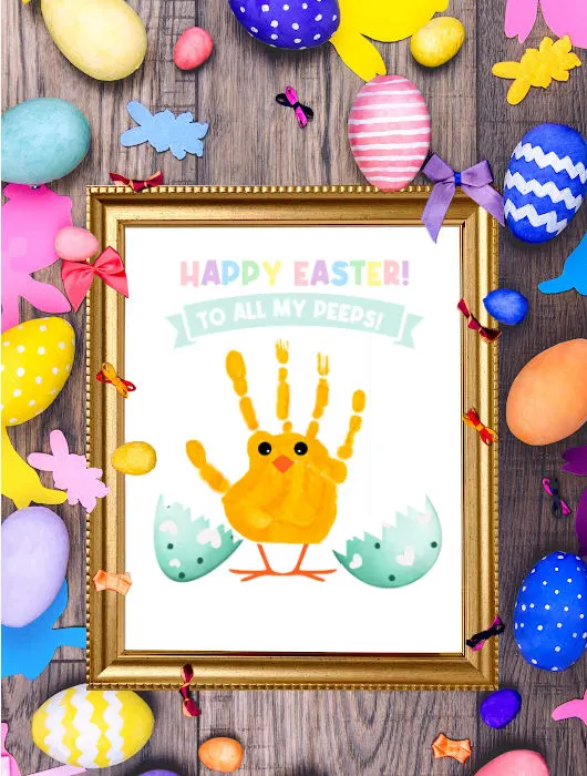 cute Easter chick handprint art that says " Happy Easter to all my peeps'