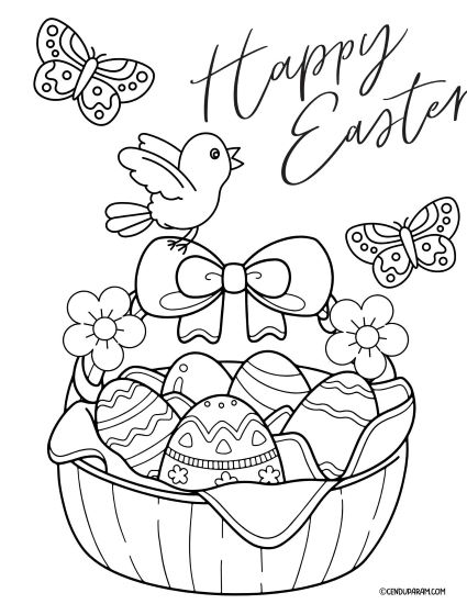 basket of easter eggs and butterflies coloring page