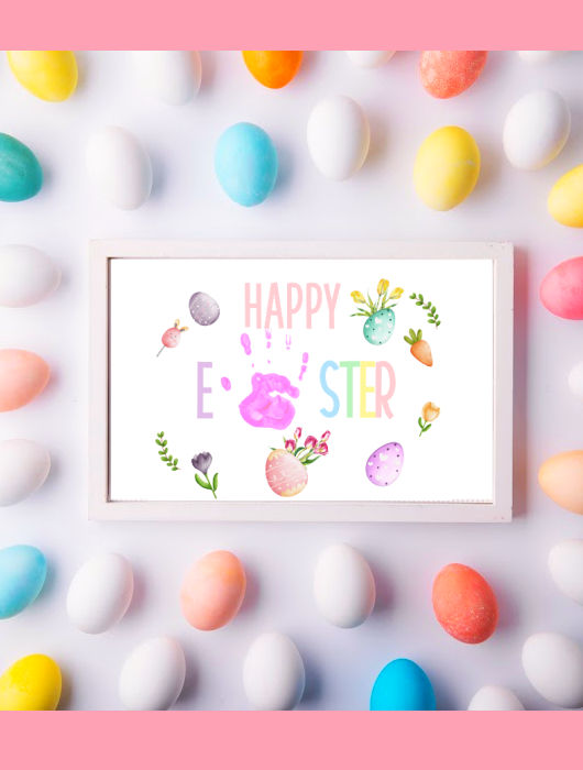 happy easter handprint craft in a frame surrounded by colorful Easter eggs