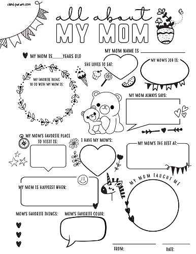 cute all about mom worksheet with speech bubbles and doodles to fill in