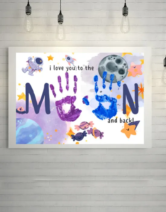 cute space themed handprint Mother's day craft that says I love you to the moon and back
