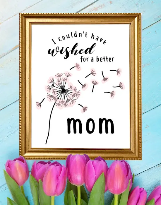 Mother's day handprint art with image of dandilion puff and text that says I couldn't have wished for a better mom