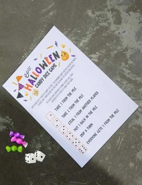 printed copy of Halloween Candy Dice Game