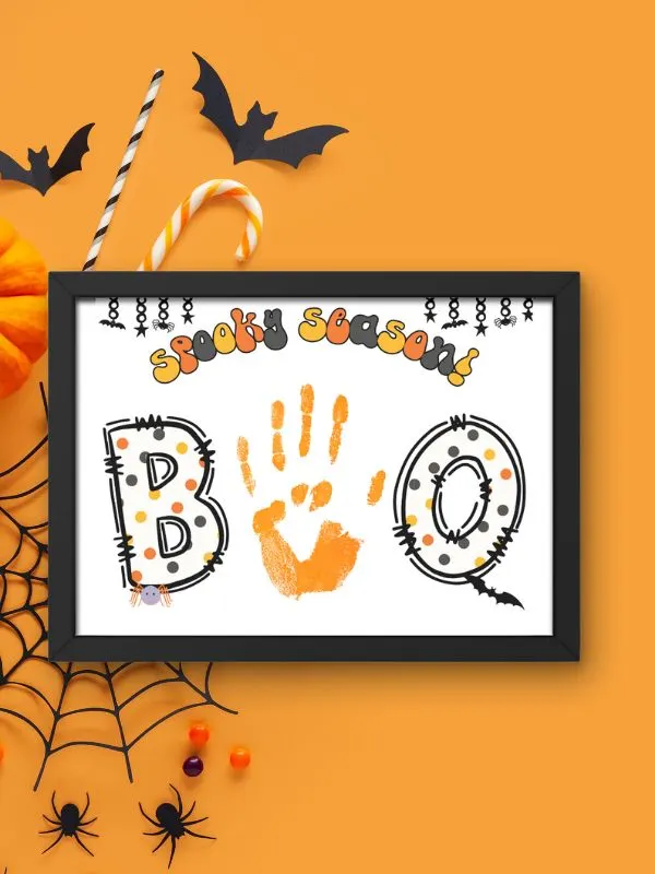 BOO Halloween handprint craft idea for preschool and toddlers