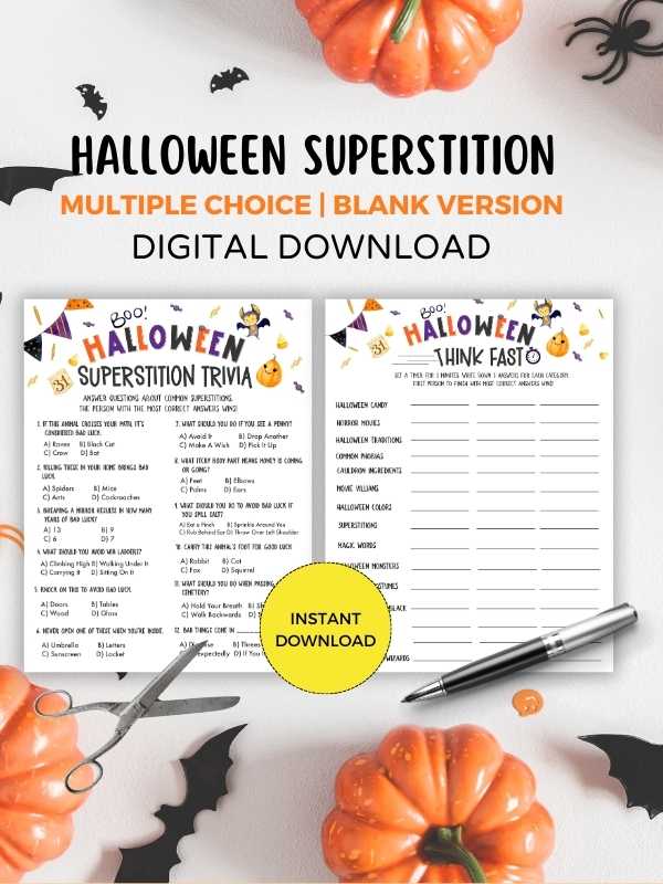 Halloween superstitions game comes in 2 versions. multiple choice version or blank.