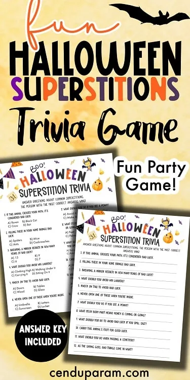 Halloween party game fun icebreaker Halloween superstitions trivia on watercolor background.