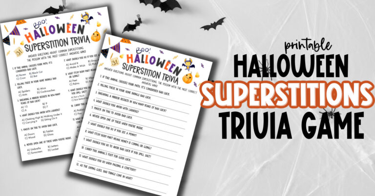 mock up of Halloween superstitions trivia game printable