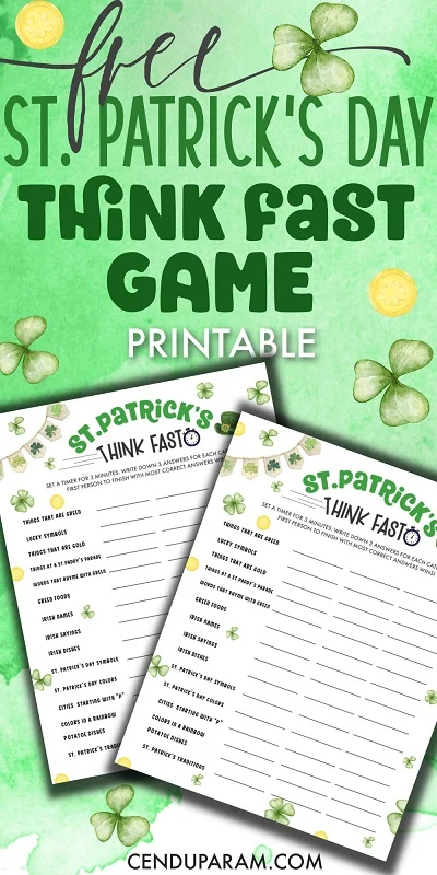 St. Patrick's Day Think Fast Game printable on green background