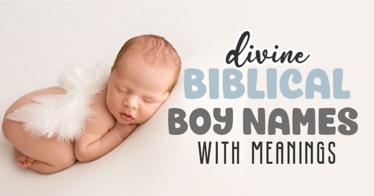 adorable newborn sleeping with wings on back and title divine biblical baby boy names with meanings