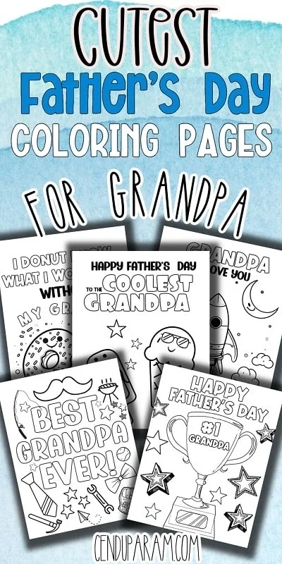 collageof free Father's Day coloring pages for grandpa on blue background