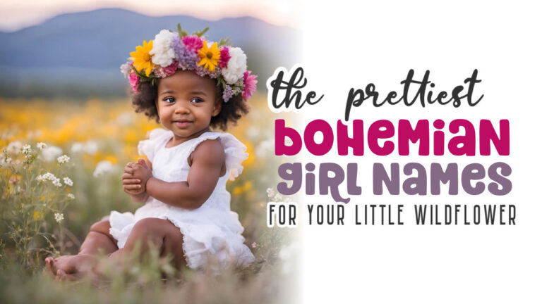 sweet baby girl in white dress and flower crown sitting outside in wildflower field with title the prettiest bohemian girl names for your little wildflower