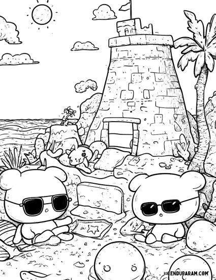 cute teddy bears at the baeach summer coloring page