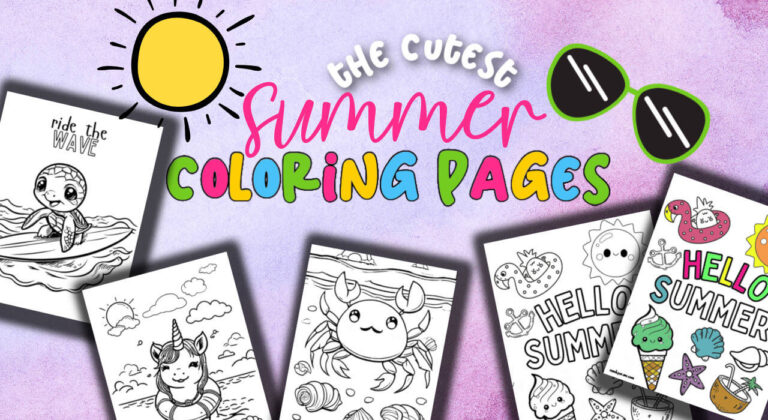 collage of cute summer coloring sheets on purple watercolor background