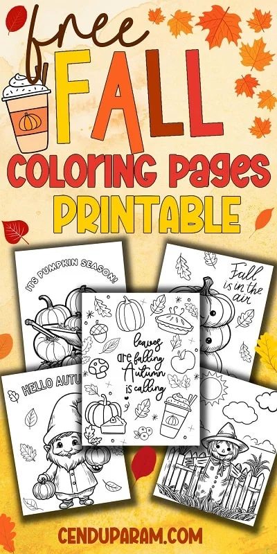 collage of cute fall coloring pages on orange and yellow watercolor background