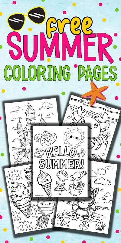 collage of cute summer coloring pages on blue watercolor background