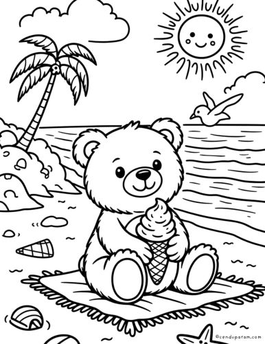 a teddy bear enjoying an ice cream cone at the beach cute children's coloring sheet