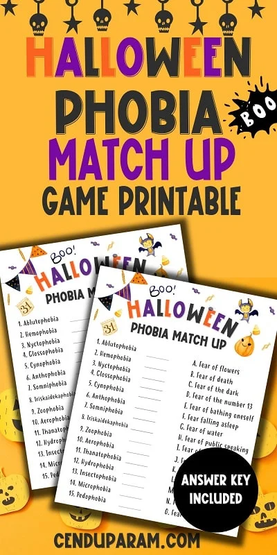 fun Halloween trivia game. halloween phobia matching game