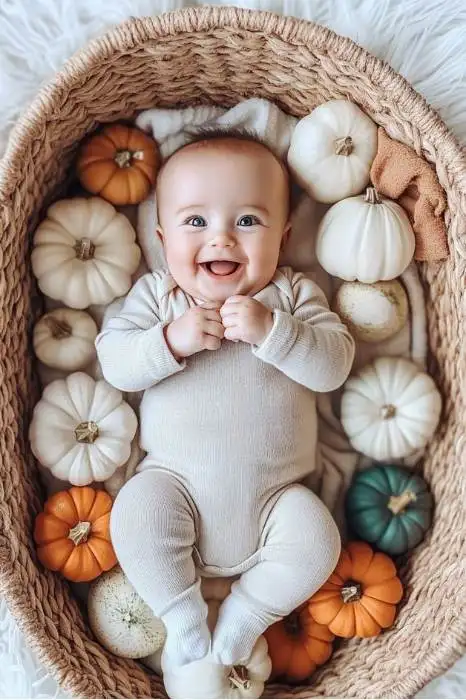 cute baby in basket with mini pumpkins. easy fall baby photo ideas with pumpkins