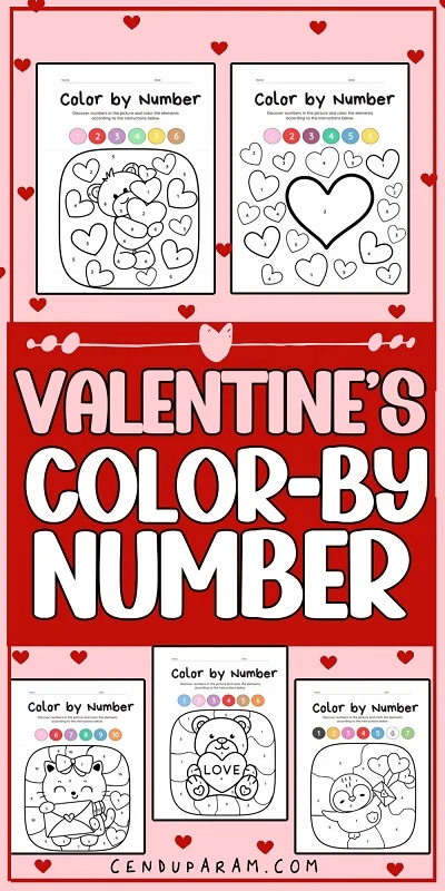 pinterest pin of valentine's day color by number worksheets mock up