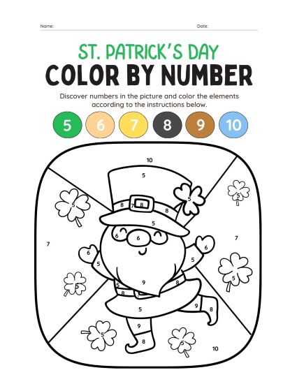 cute leprechaun color by number printable for preschool st. patrick's day activity 