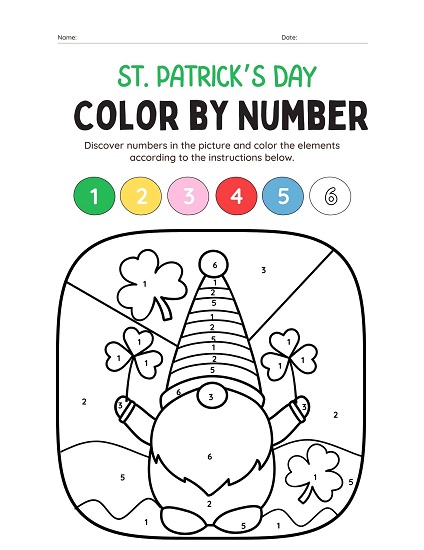 cute St. Patrick's day gnome color by number free printable worksheet