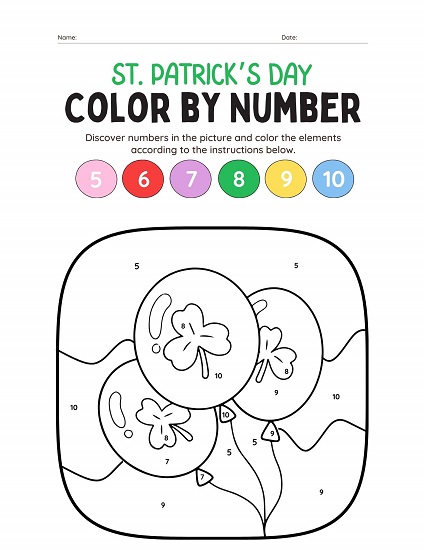 shamrock balloons st. patrick's day color by number printable