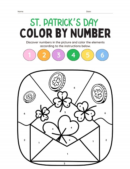 envalope with shamrocks and gold coins. st. patrick's day color by number worksheet