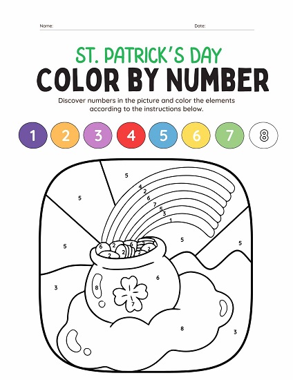 St. Patrick's Day pot of gold color by number worksheet